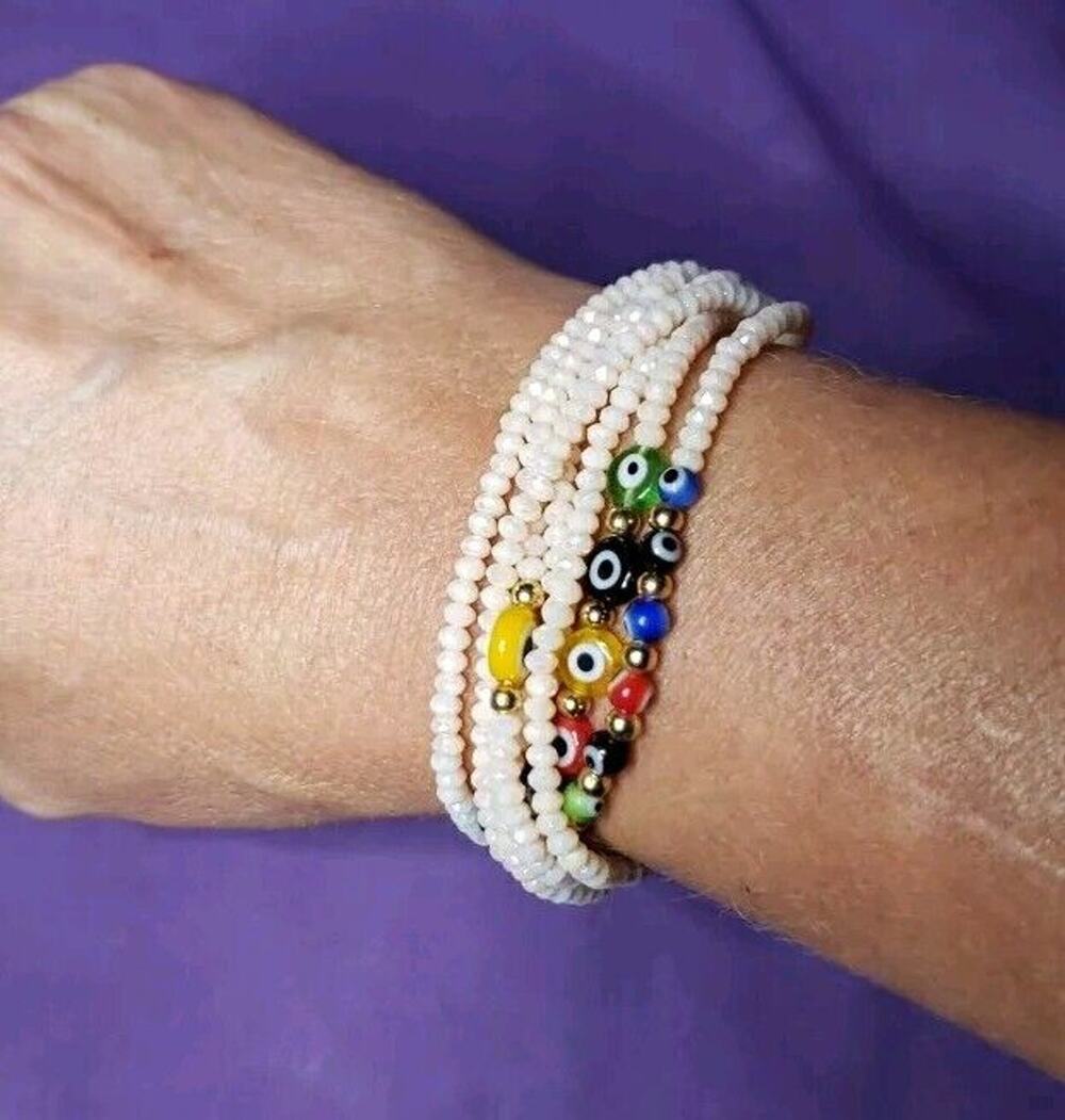 Light Pink Iridescent & Multicolor Evil Eye Multistrand Bead Bracelet Adjustable